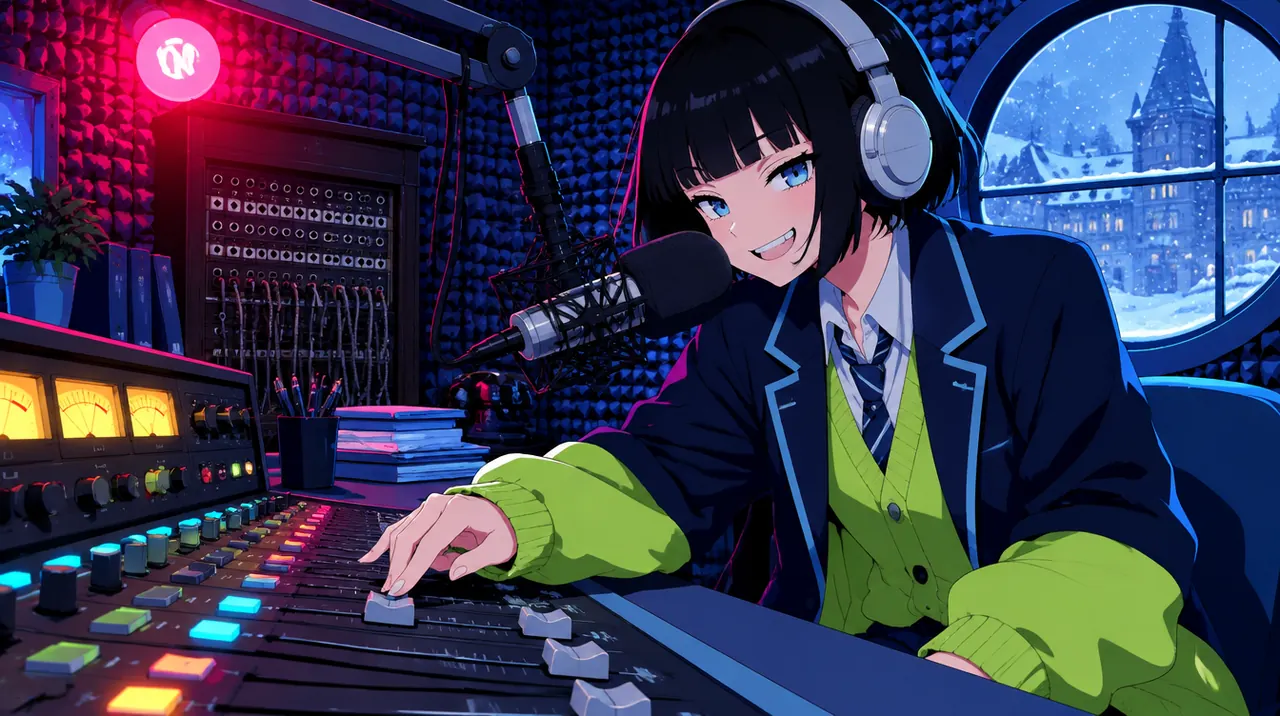 Yuna Seo tersenyum lebar di depan mikrofon studio radio sekolah, tangannya mendorong tuas meja mixer.