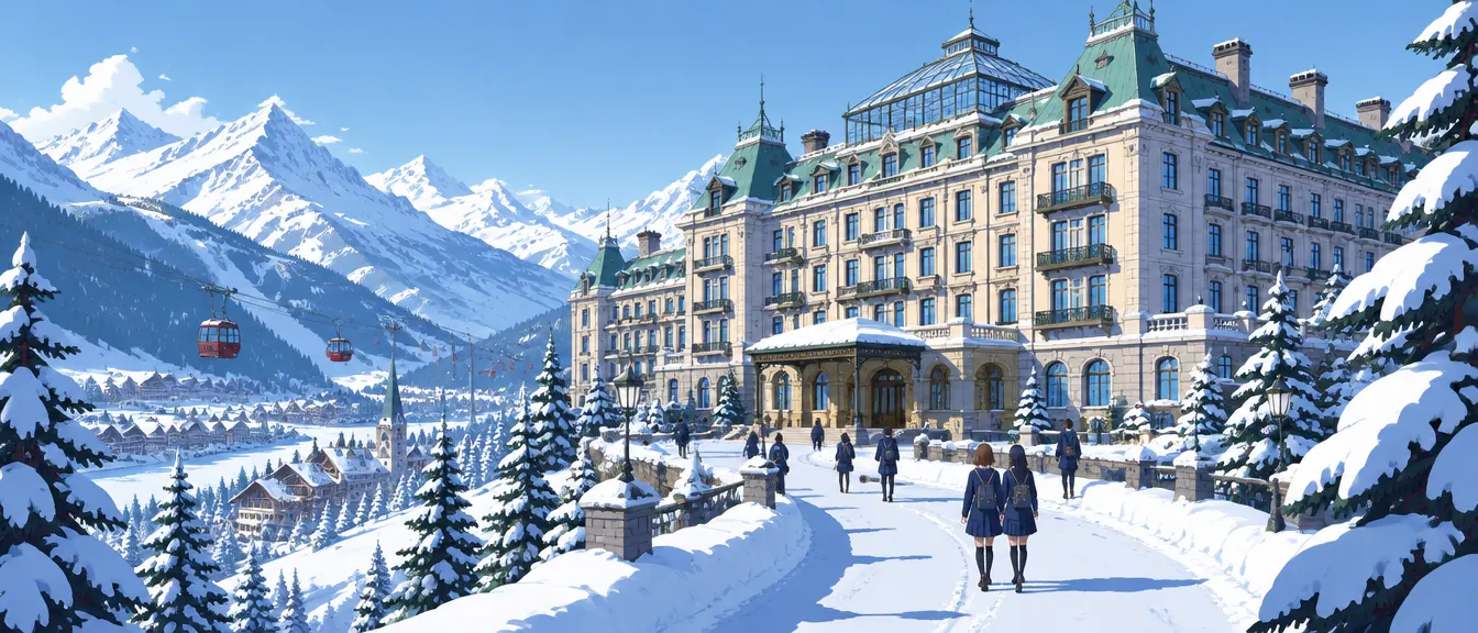 Edelweiss Academy, hotel tujuh lantai beratap tembaga hijau di lereng bersalju, dengan murid berseragam biru tua berjalan di jalur masuk.